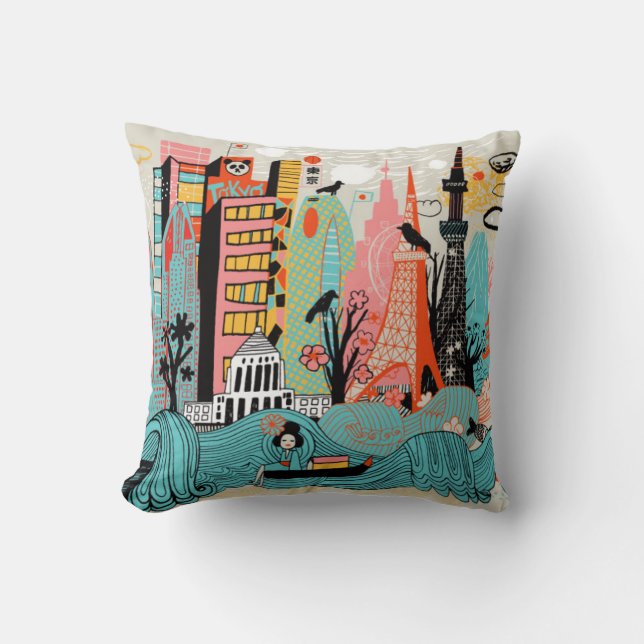 Hand Drawn Tokyo Japan Throw Pillow (Front)