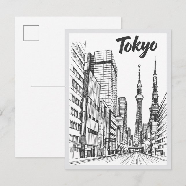 Hand drawn Tokyo Street Scene Landmark Postcard (Front/Back)