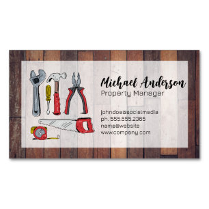 Hand Drawn Tools   Wooden Boards Business Card Magnet