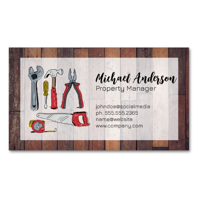 Hand Drawn Tools | Wooden Boards Business Card Magnet (Front)