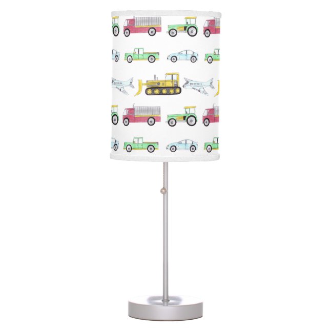 Hand drawn transportation pattern childs bedroom table lamp (Front)