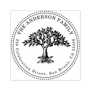 Hand Drawn Tree Family Name & Round Return Address Rubber Stamp