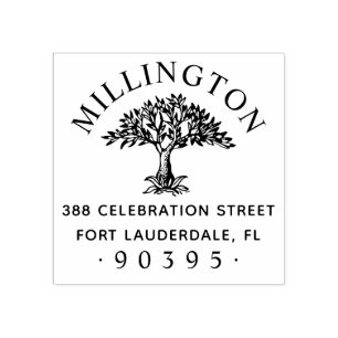 Hand-drawn Tree Round Family Name Return Address Rubber Stamp