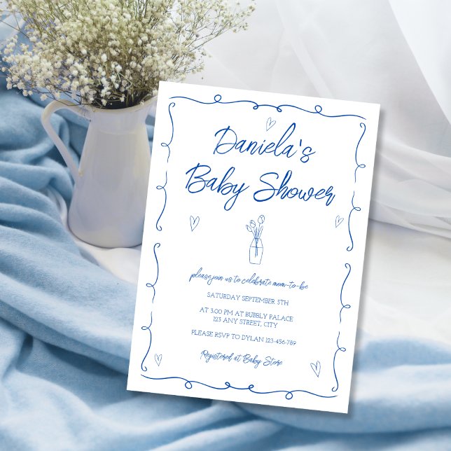 Hand Drawn Trendy Blue Flowers Baby Boy Shower Invitation (Hand Drawn Trendy Blue Flowers Baby Boy Shower Invitation)