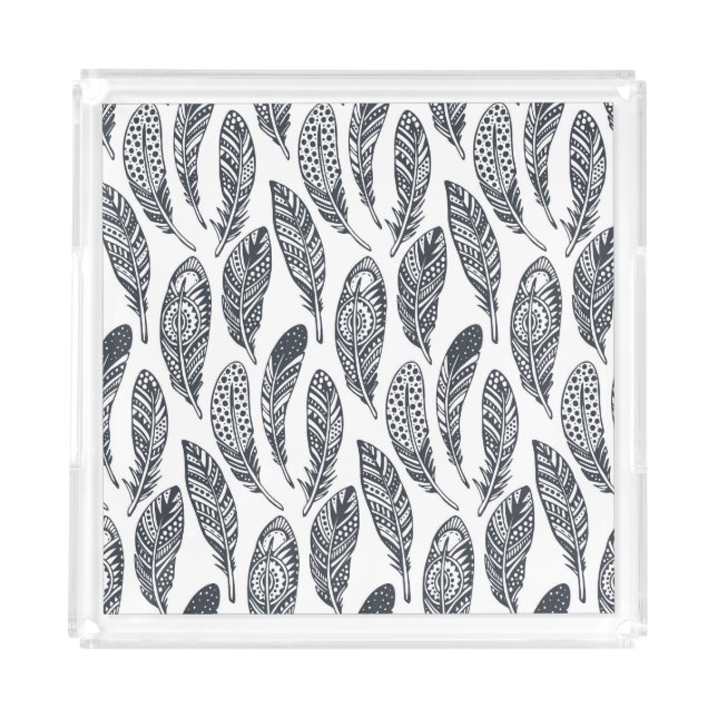 Hand-drawn tribal feathers, vintage pattern. acrylic tray (Front)