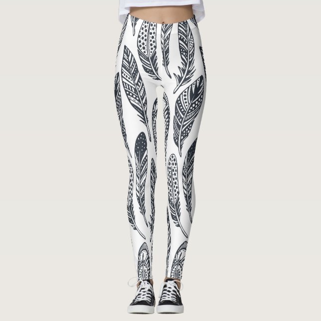 Hand-drawn tribal feathers, vintage pattern. leggings (Front)