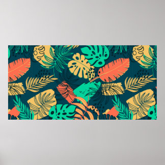 Hand drawn tropic flat pattern. Palm leaves backgr Poster