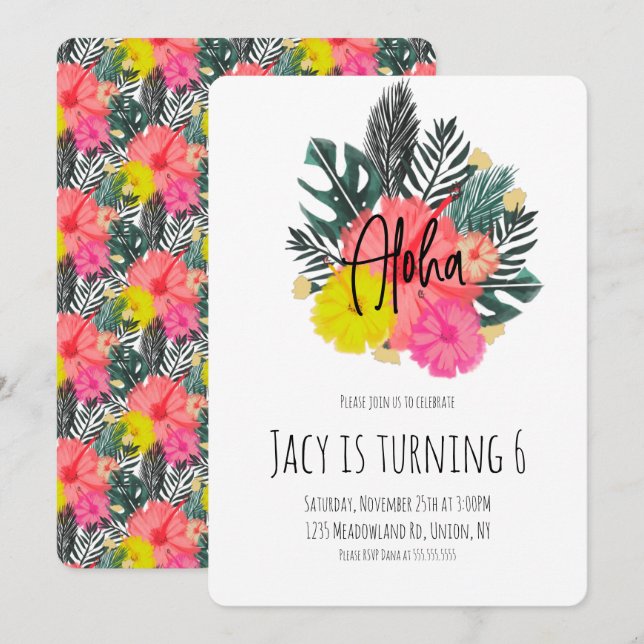 Hand Drawn Tropical Aloha Floral Birthday Invitation (Front/Back)