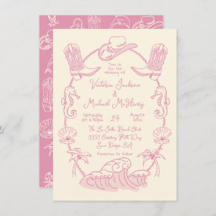 Hand drawn Tropical Coastal Cowboy Beach Wedding Invitation