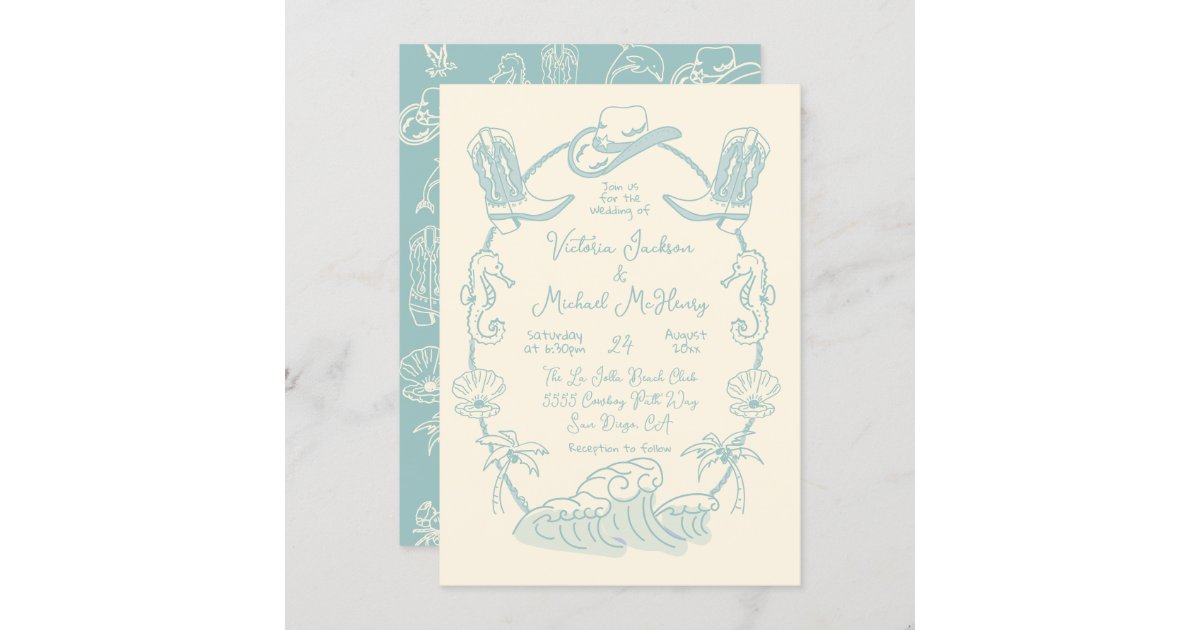 Hand drawn Tropical Coastal Cowboy Beach Wedding Invitation
