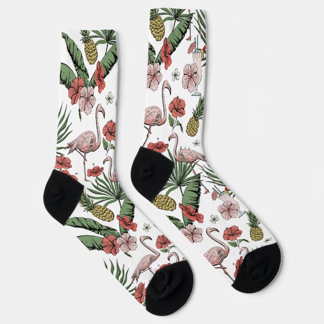 Hand-Drawn Tropical Flamingo Floral Pattern Socks (Right)