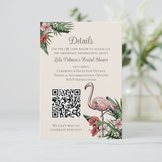 Hand-Drawn Tropical Flamingo QR Code Wedding Card (Standing Front)
