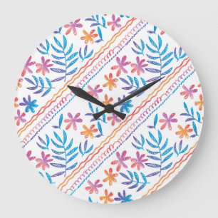 Hand drawn tropical flowers, leaves pattern. large clock