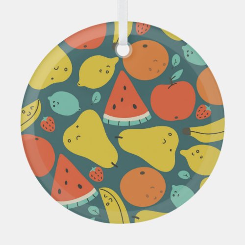Hand Drawn Tropical Fruit Pattern Glass Ornament