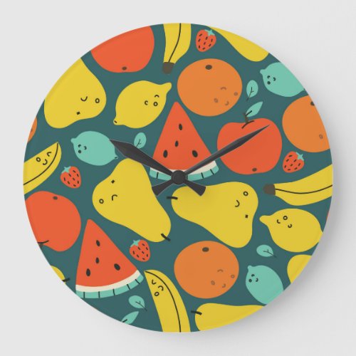 Hand Drawn Tropical Fruit Pattern Large Clock