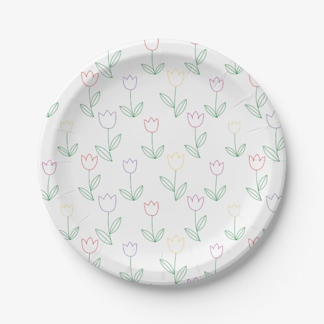 Hand Drawn Tulip Flower Pattern Paper Plates (Front)