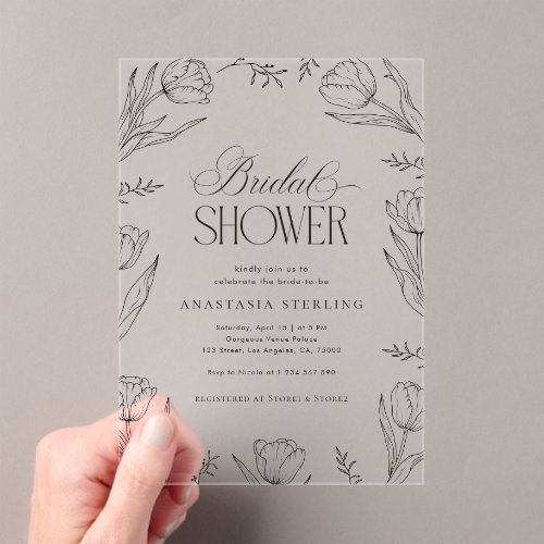 Hand Drawn Tulips Vintage Floral Bridal Shower Acrylic Invitations