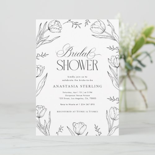 Hand Drawn Tulips Vintage Floral Bridal Shower Invitation