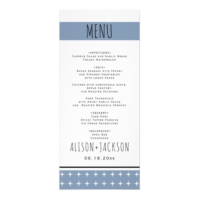 Hand drawn typography dusty blue wedding menu card (Front)