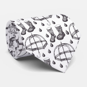 Hand Drawn Umbrella and Rain Boots Pattern Neck Tie