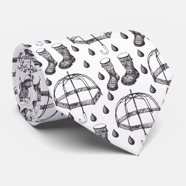 Hand Drawn Umbrella and Rain Boots Pattern Neck Tie (Rolled)