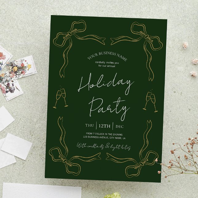 Hand Drawn Unique Green Business Holiday Party Invitation (Stand out with these green and gold color business invitations, perfect for your holiday party)