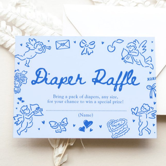 Hand Drawn Valentine Baby Shower Diaper Raffle Enclosure Card ( Blue Hand Drawn Valentine Baby Shower Diaper Raffle Game)