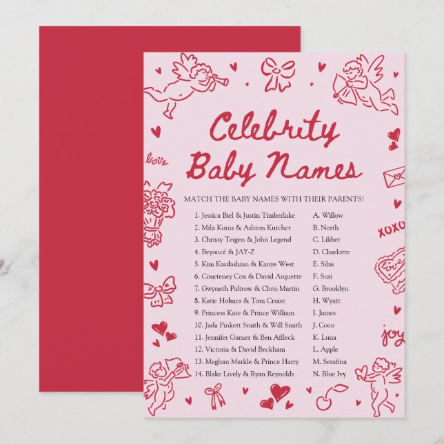 Hand Drawn Valentine Celebrity Baby Name Game Invitation (Front/Back)
