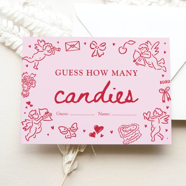 Hand Drawn Valentine Guess How Many Candies Game Enclosure Card (Pink Red Hand Drawn Valentine Guess How Many Candies Game)
