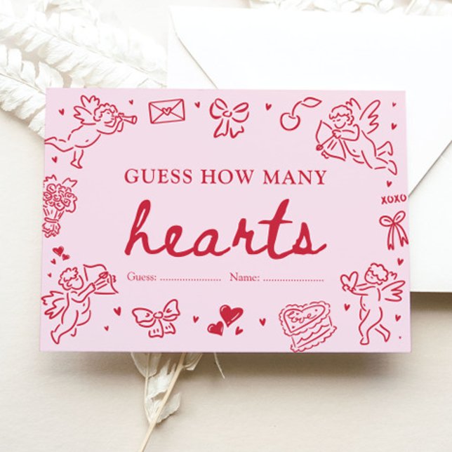 Hand Drawn Valentine Guess How Many Hearts Game Enclosure Card (Pink Red Hand Drawn Valentine Guess How Many Hearts Game)