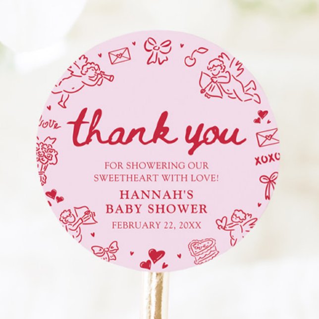 Hand Drawn Valentine Little Sweetheart Baby Shower Classic Round Sticker (Hand Drawn Valentine Little Sweetheart Baby Shower Classic Round Sticker)