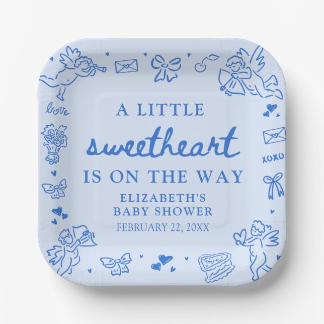 Hand Drawn Valentine Little Sweetheat Baby Shower Paper Plates (Front)
