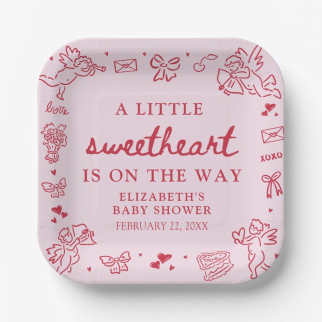Hand Drawn Valentine Little Sweetheat Baby Shower Paper Plates (Front)
