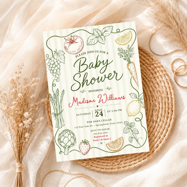 Hand-drawn vegetables fruits doodle baby shower invitation (Creator Uploaded)