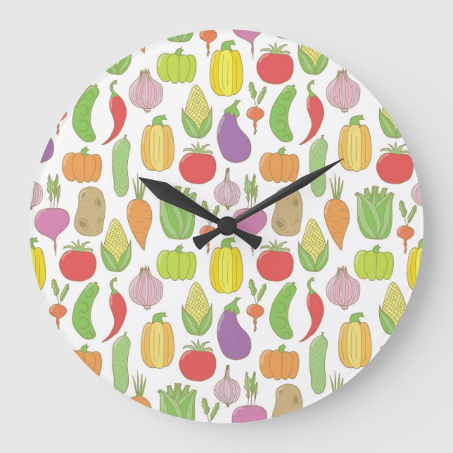 Hand-drawn vegetables, vintage doodle background. large clock (Front)