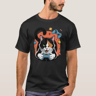 Hand-Drawn Video Game Calico Cat Gaming Artistic T T-Shirt