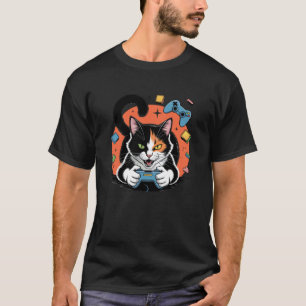 Hand-Drawn Video Game Calico Cat Gaming Artistic T T-Shirt