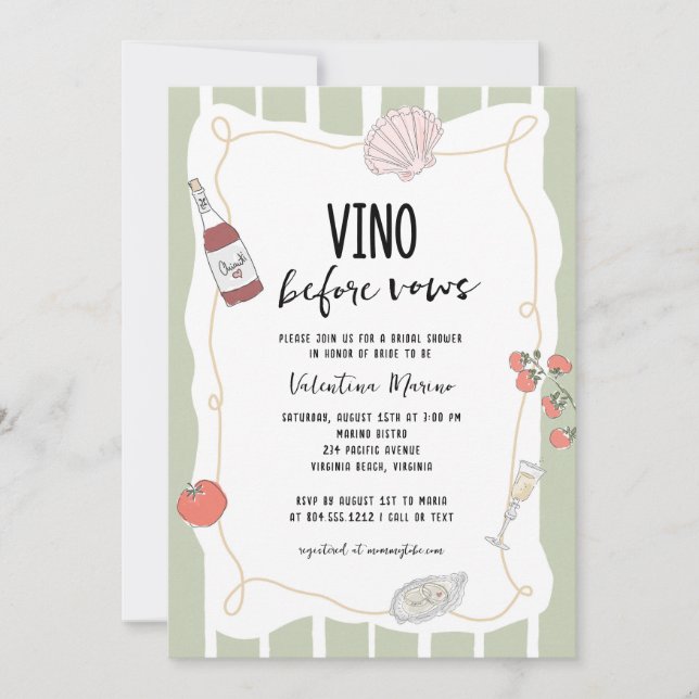 Hand Drawn Vino Before Vows Bridal Shower  Invitation (Front)
