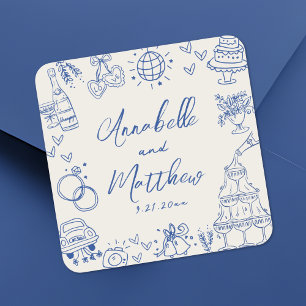 Hand Drawn Vintage Blue Wedding Square Sticker