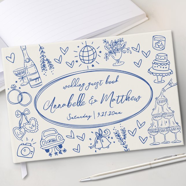 Hand Drawn Vintage Blue Whimsical Wedding Guest Book (Hand Drawn Vintage Blue Whimsical Wedding Guest Book)