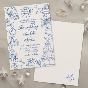 Hand Drawn Vintage Blue Whimsical Wedding Invitation