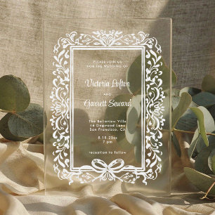 Hand Drawn Vintage Bow & Leafy Border Acrylic Invitations