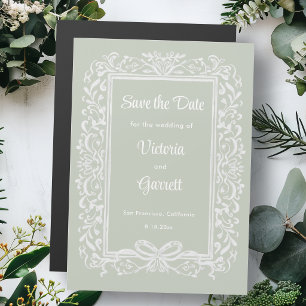 Hand Drawn Vintage Bow on Sage BG Save the Date