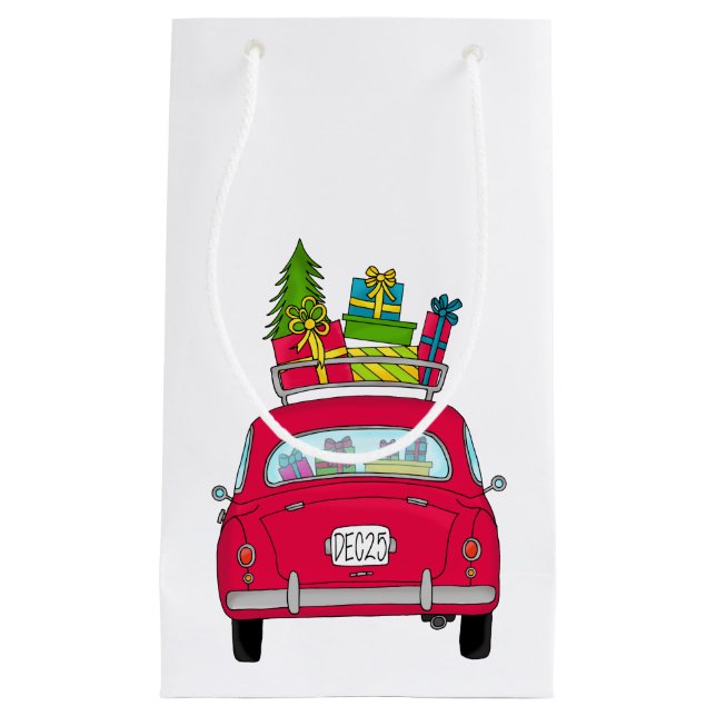 Hand drawn vintage Christmas car Small Gift Bag (Front)