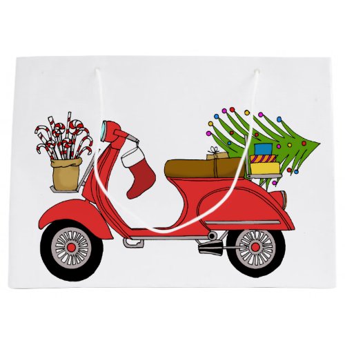 Hand drawn vintage Christmas scooter Large Gift Bag