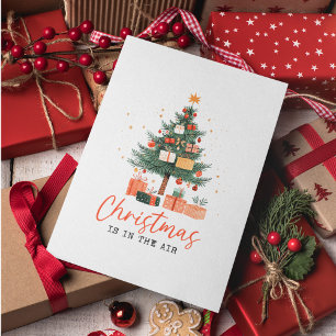 Hand drawn vintage Christmas Tree and Presents Holiday Card