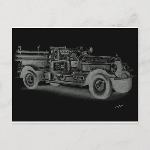 hand drawn vintage fire truck inverse postcard