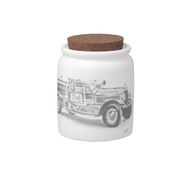 hand drawn vintage fire truck sketch candy jar (Front)