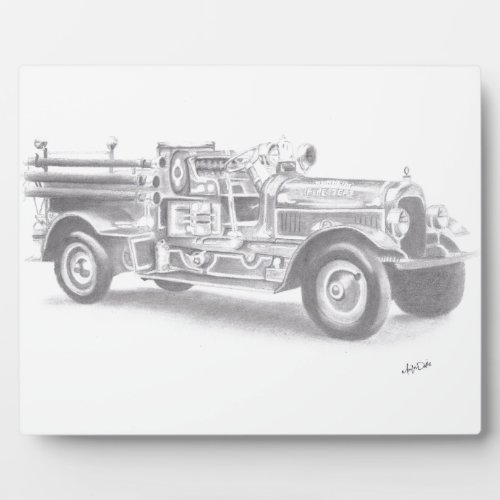 hand drawn vintage fire truck sketch plaque