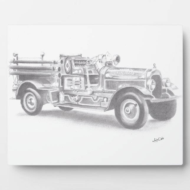 hand drawn vintage fire truck sketch plaque (Front)